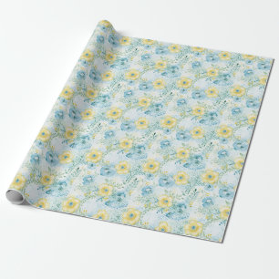 Birthday Floral With Blue and Yellow Flowers Wrapping Paper