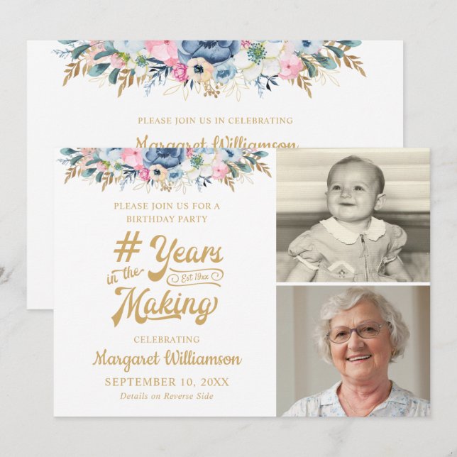 Birthday Floral YEARS IN THE MAKING 2 Photo Invitation (Front/Back)