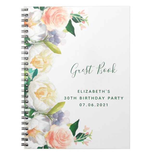 Birthday florals pink white Guest Book (Front)