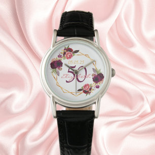 Birthday florals white geometric burgundy name watch