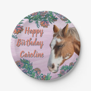 Birthday Flowers and Palomino Horse Paper Plate
