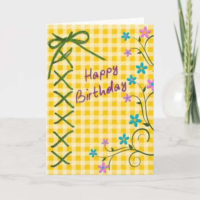 Birthday, Flowers, Gingham, Laced Tie Card (Front)