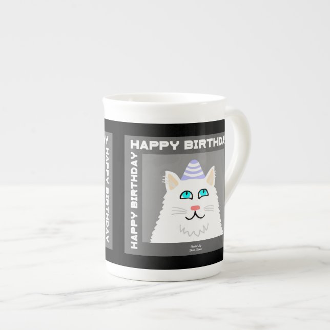Birthday Fluffy White Cat Bone China Mug (Front Right)