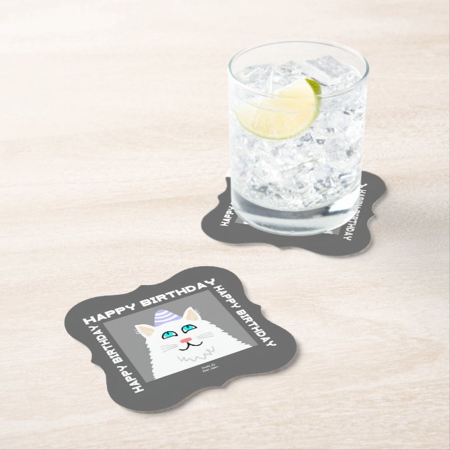 Birthday Fluffy White Cat Bracket Paper Coaster (Insitu)