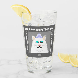 Birthday Fluffy White Cat Glass Tumbler