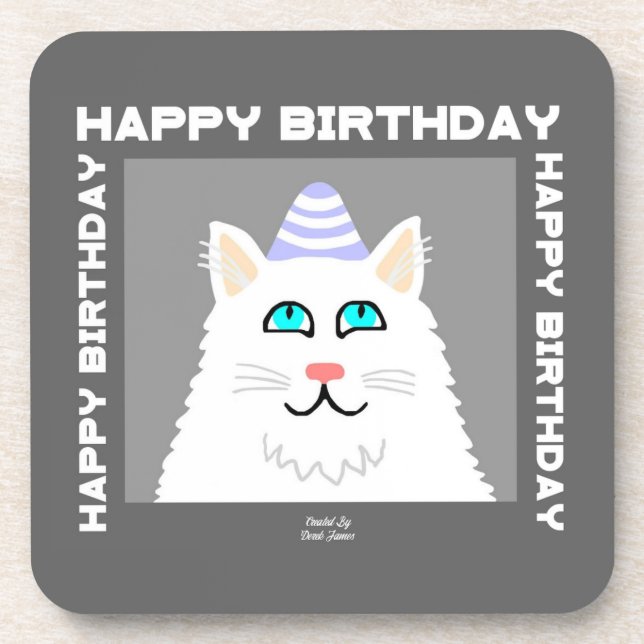 Birthday Fluffy White Cat Hard Plastic Coaster (Front)