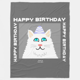 Birthday Fluffy White Cat Large Fleece Blanket