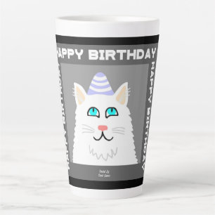Birthday Fluffy White Cat Large Latte Mug
