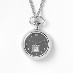 Birthday Fluffy White Cat Silver Necklace Watch