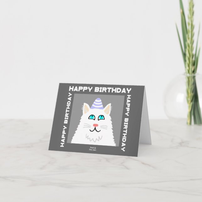 Birthday Fluffy White Cat Small Greeting Card (Front)