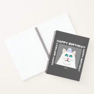 Birthday Fluffy White Cat Spiral Notebook
