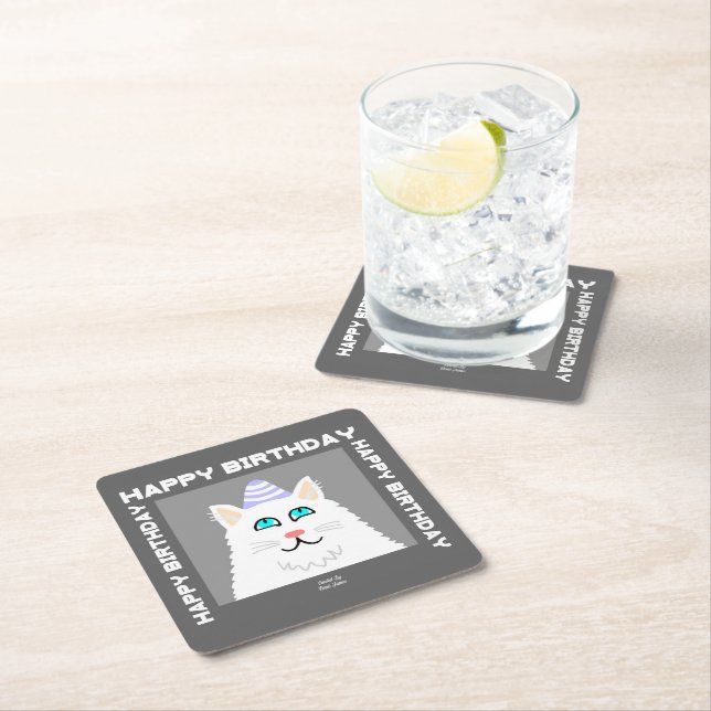Birthday Fluffy White Cat Square Paper Coaster (Insitu)