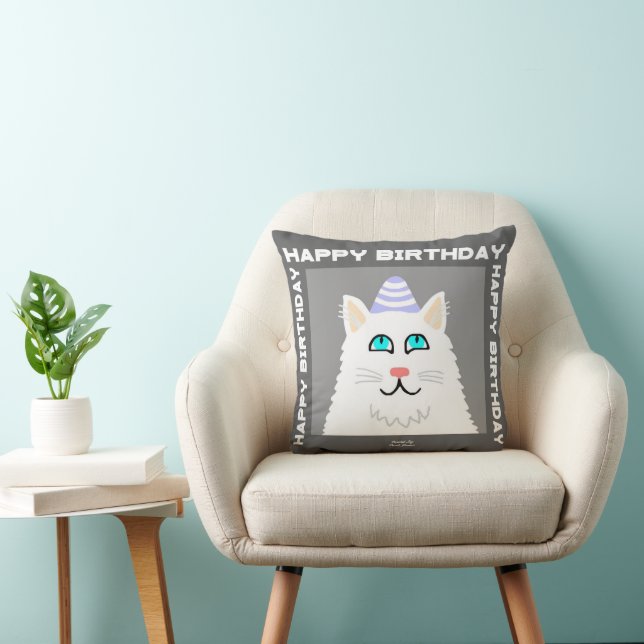 Birthday Fluffy White Cat Square Throw Pillow (Chair)