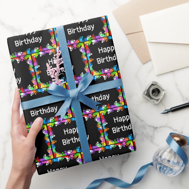 Birthday Footprints on Black  Wrapping Paper (Gifting)