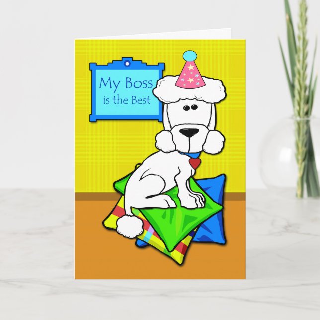 Birthday for Boss, White Poodle on Pillows Card (Front)