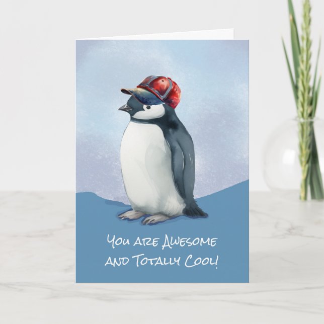 Birthday for Boy Funny Penguin With Baseball Hat Card (Front)