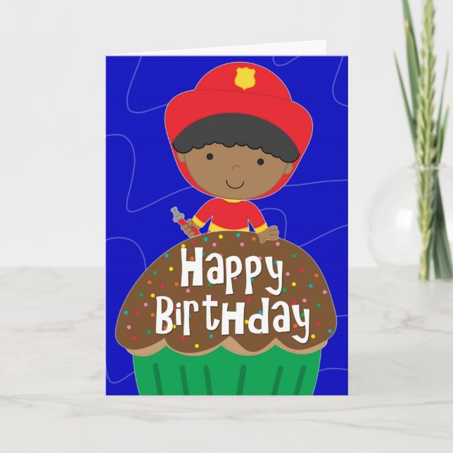 Birthday for Boy - Little Firefighter with Cupcake Card (Front)