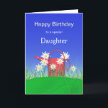Birthday for Daughter Daisies and Watering Can Card<br><div class="desc">An outdoor 3d scene of a bright red watering can on green grass with daisies and a blue sky. Customisable cover text says "Happy Birthday to a special Daughter". Customisable verse inside.</div>