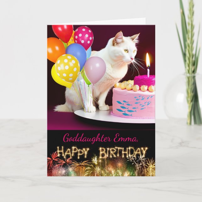Birthday for Goddaughter with White Cat and Cake Card (Front)