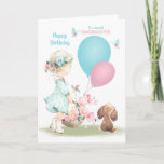 Birthday for Granddaughter Girl and Puppy Card<br><div class="desc">Happy birthday card for a young Granddaughter featuring a sweet little girl carrying a basket full of flowers with 2 balloons,  accompanied by her adorable little brown puppy and blue butterflies.</div>
