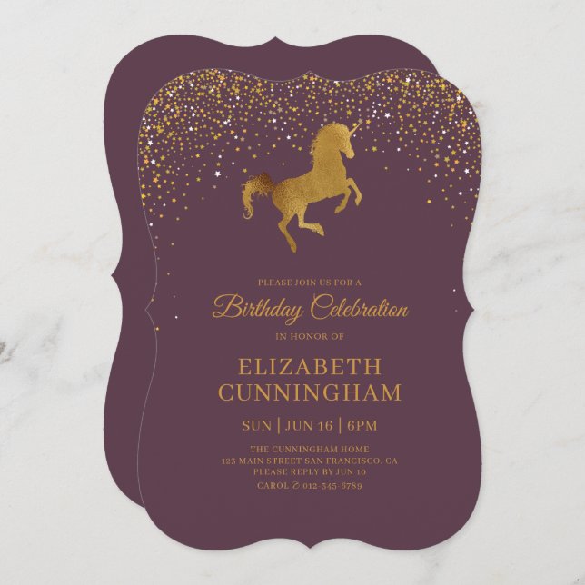 Birthday For Her Faux Gold Glitter Unicorn Invitation (Front/Back)