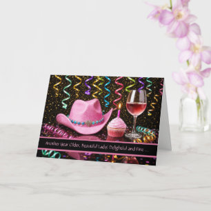 Birthday for Her Woman Cute Pink Cowgirl Hat Wine Card