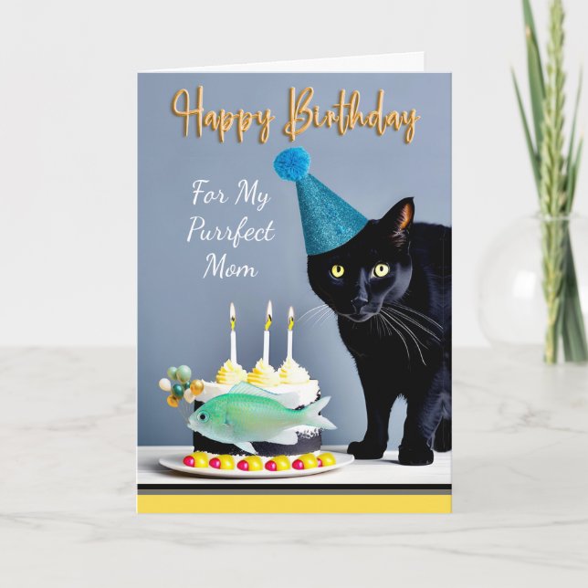 Birthday for Mum with Black Cat and Cake Card (Front)