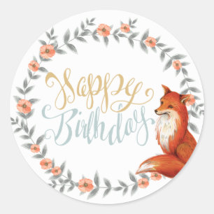 Birthday Fox Wreath Classic Round Sticker