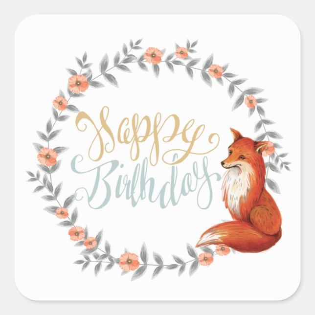 Birthday Fox Wreath Square Sticker (Front)