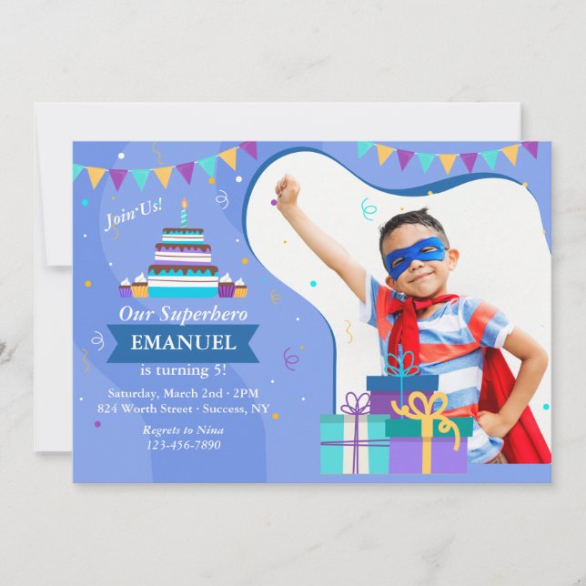 Birthday Frame Blue Photo Invitation (Front)