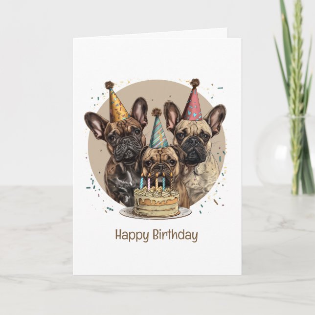 Birthday French Bulldogs Party Hats Card (Front)