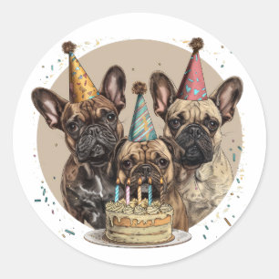 Birthday French Bulldogs Party Hats Classic Round Sticker
