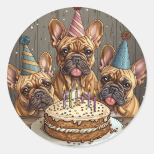 Birthday French Bulldogs Party Hats Classic Round Sticker