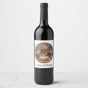 Birthday French Bulldogs Party Hats Wine Label