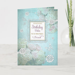 Birthday, Friend, Elegant Country Floral Aqua Card