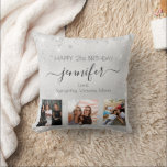 Birthday friend silver glitter photo cushion<br><div class="desc">A gift from friends for a woman's 21st birthday, celebrating her life with 3 of your photos of her, her friends, family, interest or pets. Personalise and add her name, age 21 and your names. Black coloured letters. A chic faux silver looking background colour. Decorated with faux glitter dust. Her...</div>