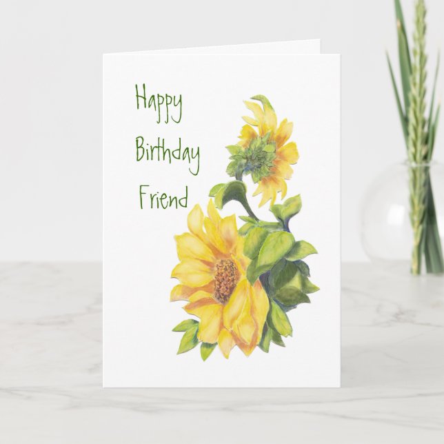 Birthday Friend Watercolor Sunflowers, Floral Card (Front)
