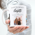 Birthday friend white black photo names coffee mug<br><div class="desc">A gift from friends for a woman's 21st birthday, celebrating her life with 3 of your photos of her, her friends, family, interest or pets. Personalise and add her name, age 21 and your names. Black coloured letters. A chic, classic white background. Her name is written with a modern hand...</div>