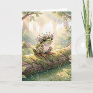 Birthday Frog With Floral Crown on a Log Card