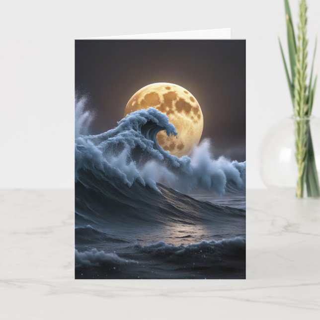 Birthday Full Moon In Ocean Wave Card (Front)