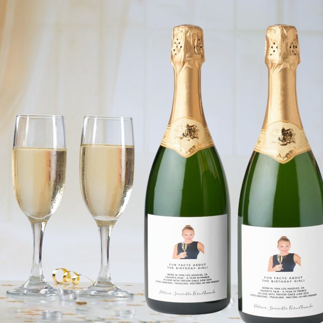 Birthday fun facts biography white photo sparkling wine label (Creator Uploaded)