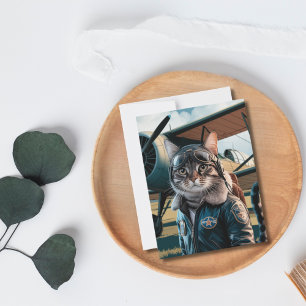 Birthday Funny Cat Pilot & Aeroplane Aviation Pet Postcard