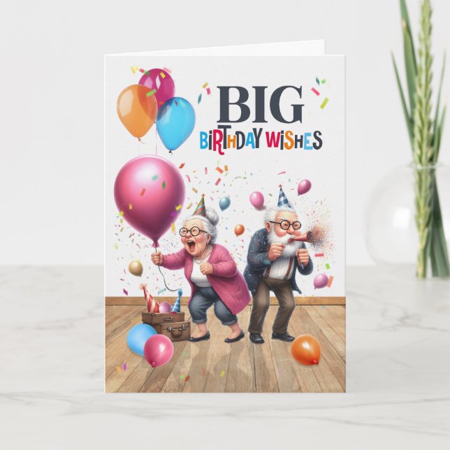 Birthday Funny Old Man and Woman with Balloons Card (Front)