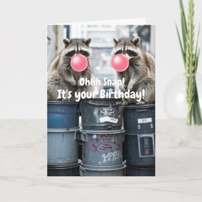 Birthday Funny Raccoons Blow Pink Bubble Cute Card (Front)