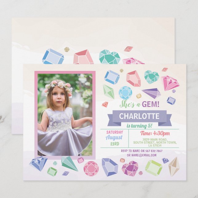 Birthday Gem Party Crystals Girl's Pastel Photo Invitation (Front/Back)