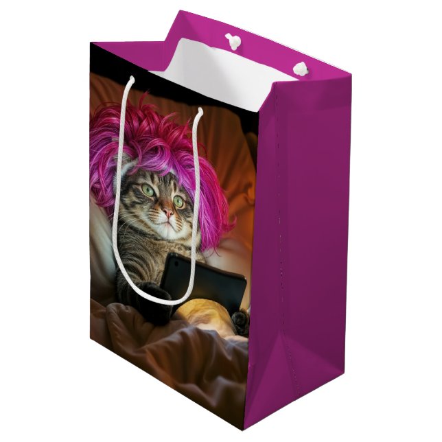 Birthday Gen Z Cat Staring an Electronic Tablet Medium Gift Bag (Front Angled)