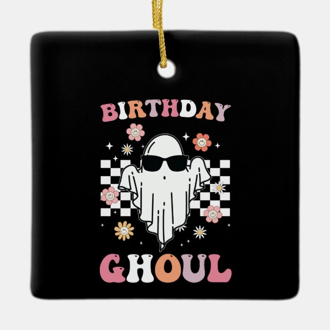 Birthday Ghoul Ghost Halloween Groovy Retro Ceramic Ornament (Front)