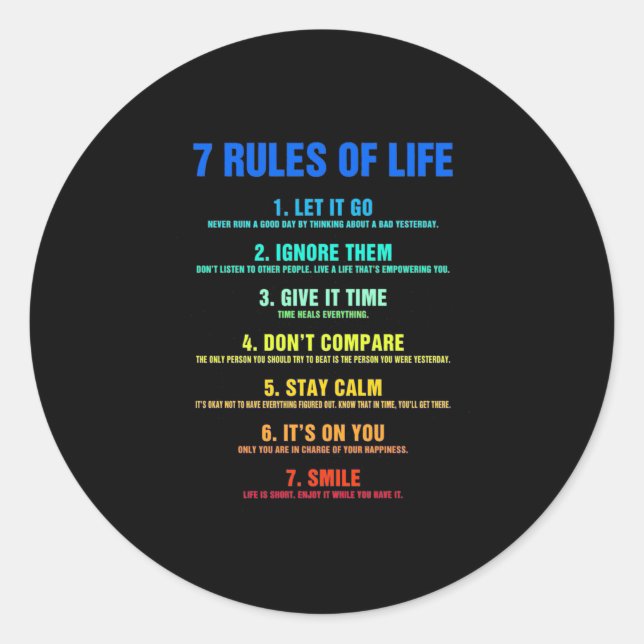 Birthday Gift 7 Rules Of Life Classic Round Sticker (Front)