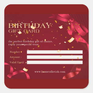 Birthday Gift Card - Red Confetti Voucher Card Square Sticker
