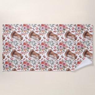 Birthday Gift Floral and Bird With Turkeys Beach Towel